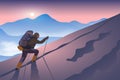 A climber with backpack and trekking poles climbs up a snowy slope Royalty Free Stock Photo