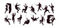 Climber black silhouettes. Rock climb wall. Danger mountain adventures. Male on extreme cliff. Freedom activity