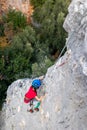 climber boy. the child trains in rock climbing