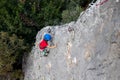 climber boy. the child trains in rock climbing