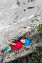 climber boy. the child trains in rock climbing Royalty Free Stock Photo