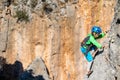 climber boy. the child trains in rock climbing