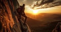 Climber climb mountain landscape behind which the sun rises, climber are moving towards up to the mountains, generated ai