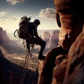 a climber climbing up a mountain with a backpack