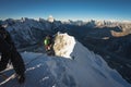 Climber climbing up to summit of Island peak in Everest region, Himalaya range in Nepal Royalty Free Stock Photo