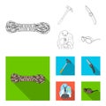 Climber on conquered top, coil of rope, knife, hammer.Mountaineering set collection icons in outline,flat style vector Royalty Free Stock Photo