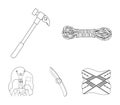 Climber on conquered top, coil of rope, knife, hammer.Mountaineering set collection icons in outline style vector symbol