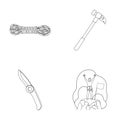Climber on conquered top, coil of rope, knife, hammer.Mountaineering set collection icons in outline style vector symbol Royalty Free Stock Photo