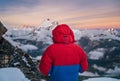 Climber dressed down jacket parka enjoying Makalu fifth highest mountain in world and Chamlang beautiful early morning shot from Royalty Free Stock Photo