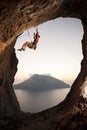 Climber falling of a cliff while lead climbing