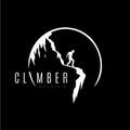 Climber figure on mountain silhouette logo template, climb icon, extreme sport challenge, hiker label, risk rock