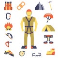 Climber gear equipment icons flat vector design illustration