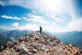 climber goes along the rocky ridge. girl climbing in the mountains. Turkey. the concept of adventure and hiking in the mountains