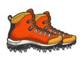 Climber hiking boots with spikes sketch vector