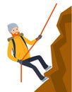 Climber hiking, tourist climbs a rock on the rope.
