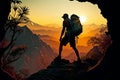 Climber in his 30s tackles a mountain, silhouetted against sunset