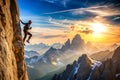 Climber leaps across rocky cliff at sunset, mountain range background Royalty Free Stock Photo