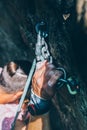 Climber Man Climbing On The Rock, Close-up Of Hand With Tape In Magnesium Powder Royalty Free Stock Photo