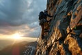 climber man crawling up the mountain , sunset sky Active extreme sports time spending concept