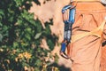 Climber man in safety system. Royalty Free Stock Photo