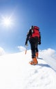 A climber reaching the summit of a snowy mountain peak. concept: overcome adversity, achieve goals Royalty Free Stock Photo