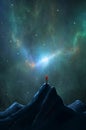 Climber in red jacket with hands up standing on mountain with nebula, milky way and stars. Sport, success painting background, 3D Royalty Free Stock Photo