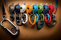 A climber\'s carabiner collection neatly arranged on a climbing harness, showcasing the variety of equipment used