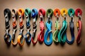 A climber\'s carabiner collection neatly arranged on a climbing harness, showcasing the variety of equipment used