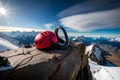 A climber\'s gear laid out on a rocky ledge, including carabiners, ropes, and quickdraws, ready for the ascent