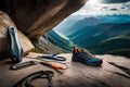 A climber\'s nut tool and protection gear laid out on a rocky ledge, ready for traditional lead climbing