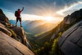 A climber\'s perspective while clinging to an overhang, with a vast expanse of rock below and the sky above Royalty Free Stock Photo