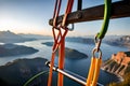 A climber\'s rack of quickdraws hanging from a carabiner on their harness, ready for clipping into bolts