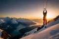 A climber\'s rack of quickdraws hanging from a carabiner on their harness, ready for clipping into bolts