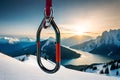 A climber\'s rack of quickdraws hanging from a carabiner on their harness, ready for clipping into bolts