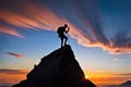 A climber\'s silhouette against a fiery sunset, with the silhouette framed by jagged peaks and sheer cliffs