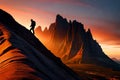 A climber\'s silhouette against a fiery sunset, with the silhouette framed by jagged peaks and sheer cliffs