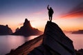 A climber\'s silhouette against a fiery sunset, with the silhouette framed by jagged peaks and sheer cliffs