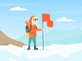 Climber Standing on Top of Mountain with Flag, Mountaineering, Mountain Climbing and Adventure Cartoon Vector