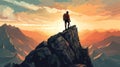 a climber at the top of a mountain , Generate AI Royalty Free Stock Photo