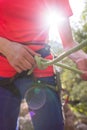 The climber is tying a knot on the safety system Royalty Free Stock Photo