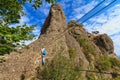 Climber on via ferrata bridge Royalty Free Stock Photo