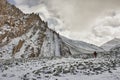 Climber walks on the mountain path that leads him to top of Stok Kangri base camp