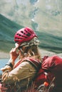 Climber woman relaxing in mountains