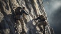 Climbers ascend, as conquer rock faces and their own limits. Generative AI