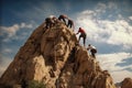 Climbers climbing on a rock in the desert of California. Climbers helping another climber to climb up, Rear View, No visible faces