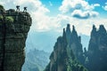 Climbers conquering challenging rock formations in mountain.