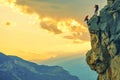 Climbers conquering challenging rock formations in mountain.