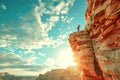 Climbers conquering challenging rock formations in mountain.