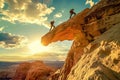 Climbers conquering challenging rock formations in mountain.