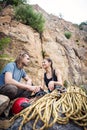 Climbers Getting Ready For Rock Climbing Royalty Free Stock Photo